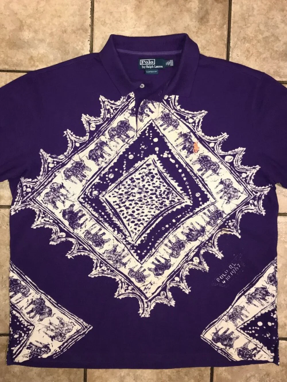 Men's Vintage Polo Ralph Lauren Aztec Elephant AOP Polo Shirt-Size XL(Custom Fit